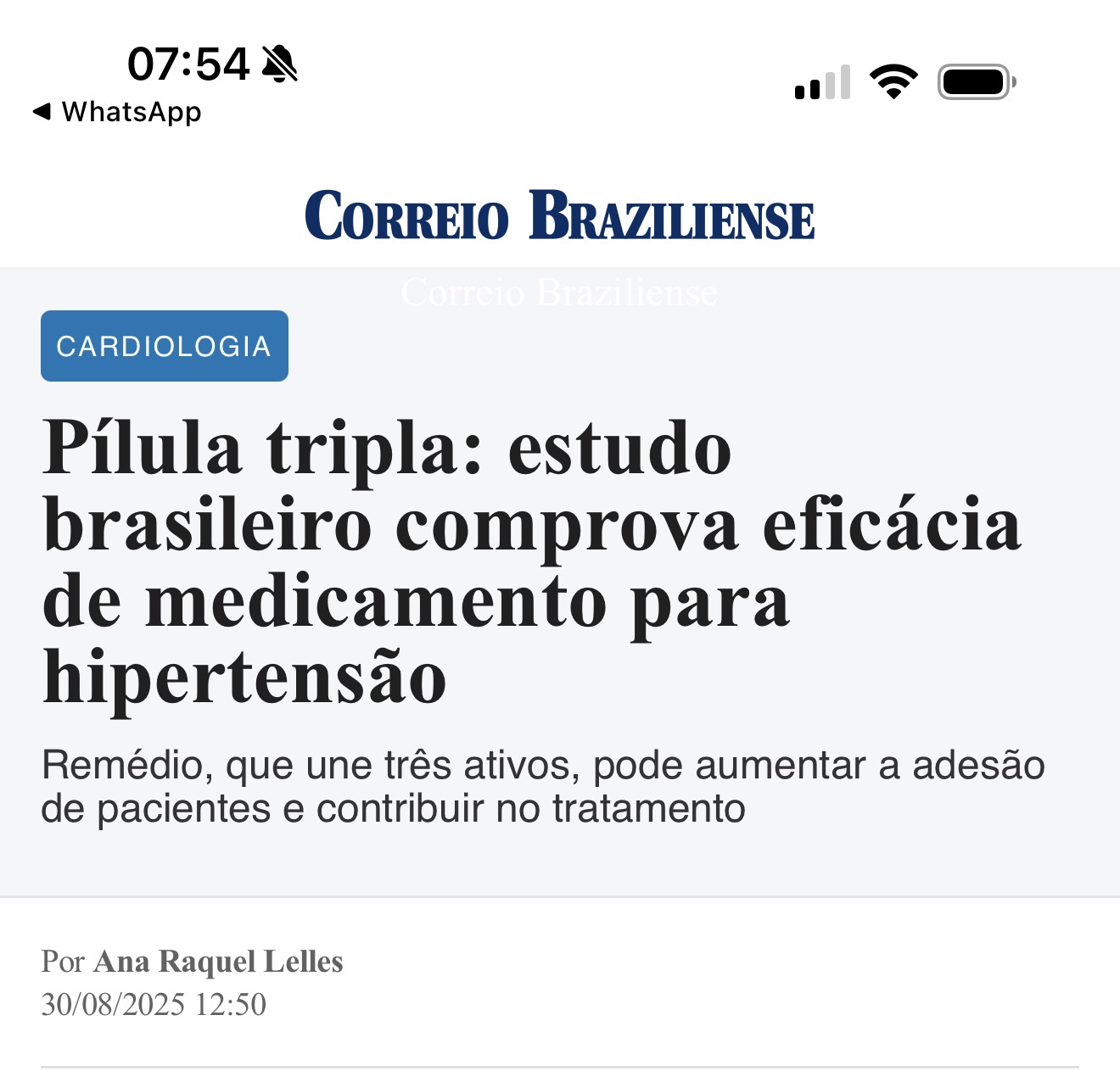 Correio Braziliense: Pílula tripla: estudo brasileiro comprova eficácia de medicamento para hipertensão